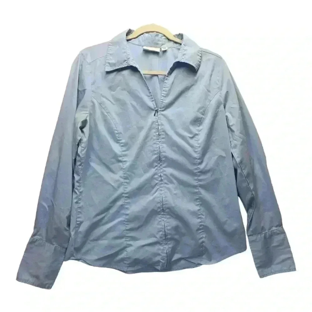 Denim + Company Blue Zip Up Blouse Size M Long Sleeve *See Description